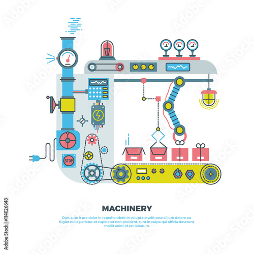 Robotic industrial abstract machine, machinery in vector flat style. Industrial machinery robot illustration and conveyor machinery technology