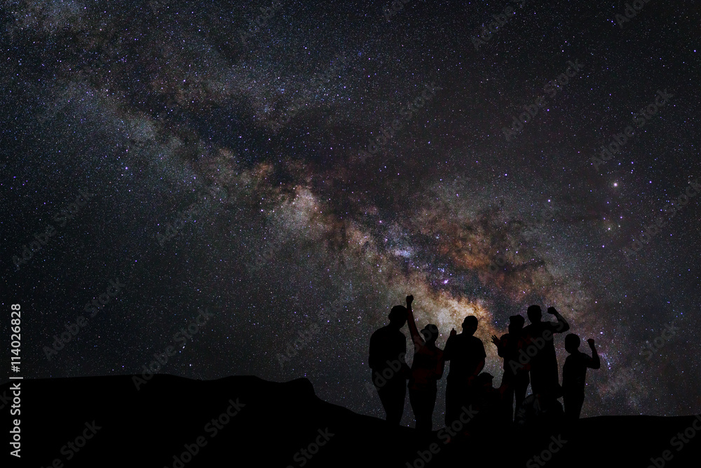 Fototapeta premium Landscape with milky way, Night sky with stars and silhouette of