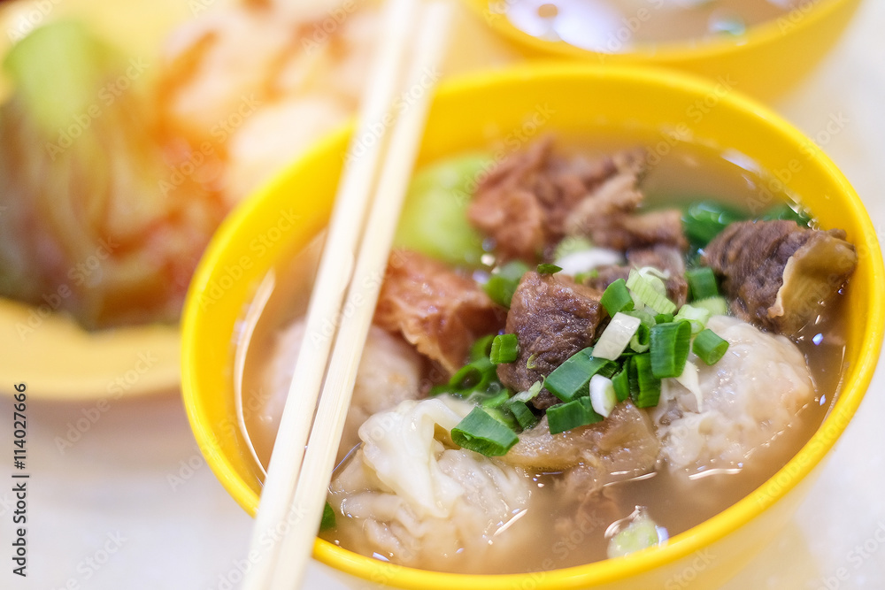 Pork soup and dumpling close up in Hong Kong Pork soup and dumpling close up in Hong Kong
