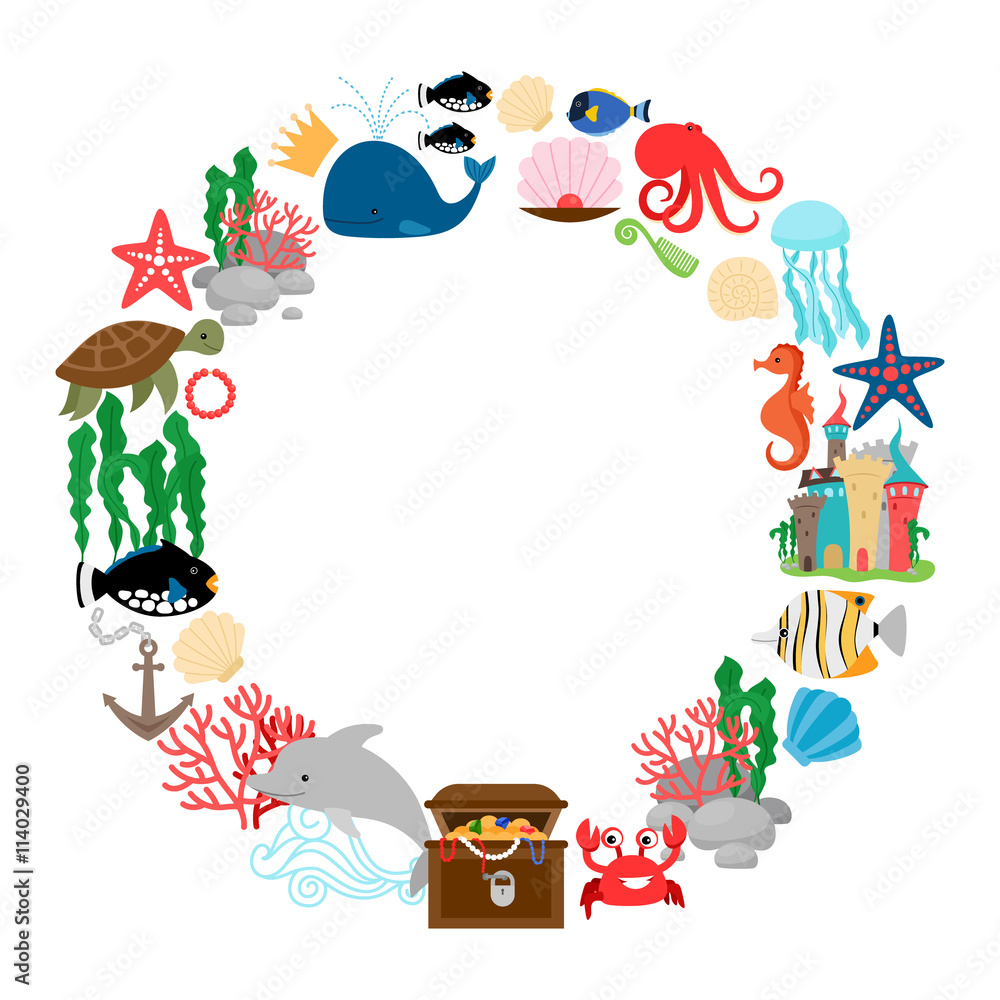 Obraz premium Marine life round frame with fishes corals and shells. Vector illustration