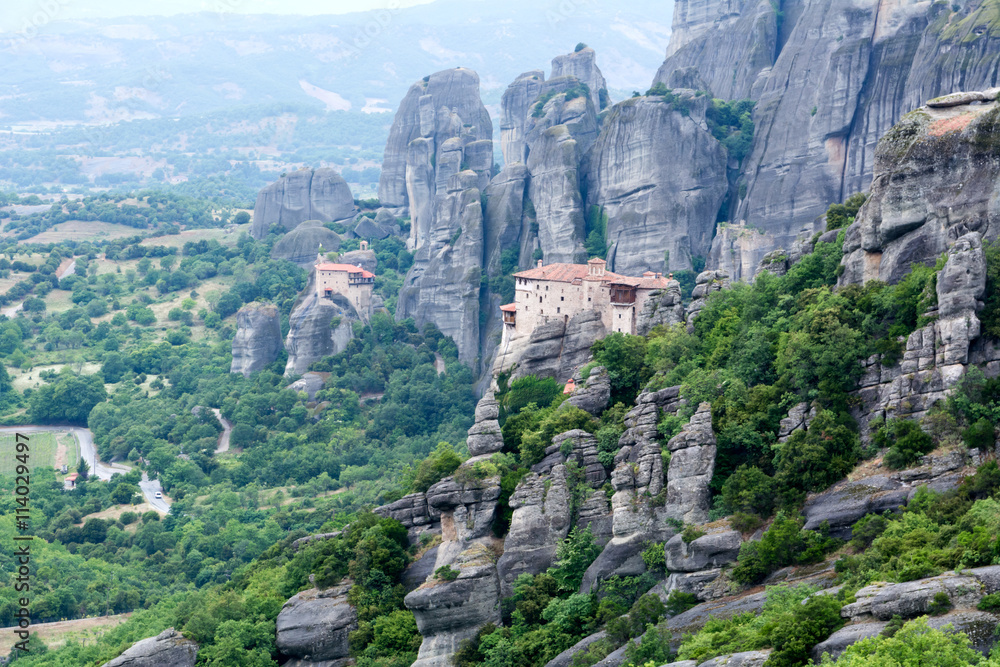 Meteora Greece monastery overlooking the valley and mountains