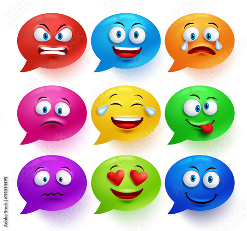 Speech bubble vector colorful set with funny facial expressions and emotions isolated in white background. Vector illustration.
