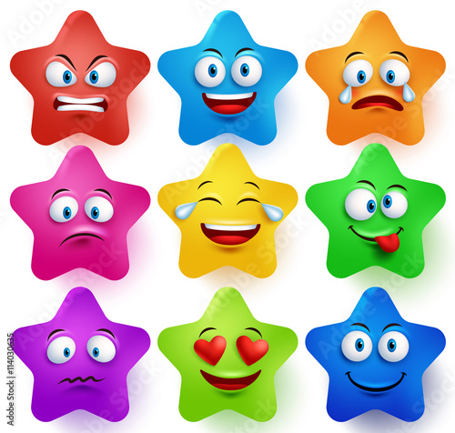 Star faces vector set with colors and facial expressions and different emotions isolated in white background. Vector illustration.
