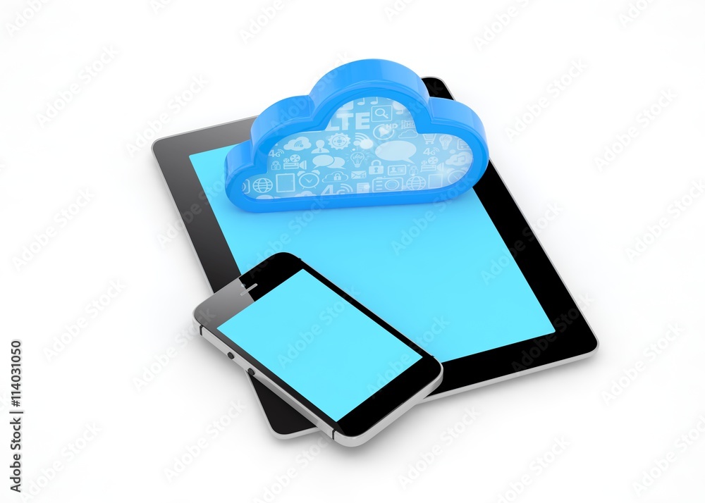 tablet pc, smart phone and cloud. 3d rendering. tablet pc, smart phone and cloud. 3d rendering.