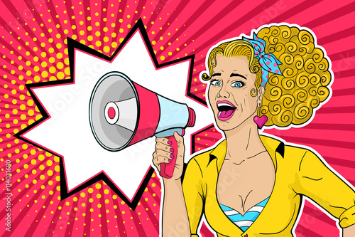 Sexy blonde pop art woman with open mouth and megaphone speaking. Vector background in comic retro pop art style.