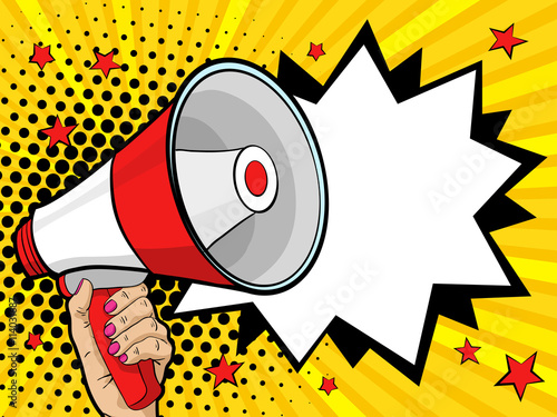 Female hand with megaphone. Vector background in comic retro pop art style.