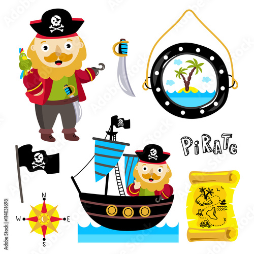 Pirate vector hat with a parrot on his shoulder. Scroll old map with the route to the treasures. Pirate flag. Jolly Roger. Set of elements for celebration. Cartoon illustration.