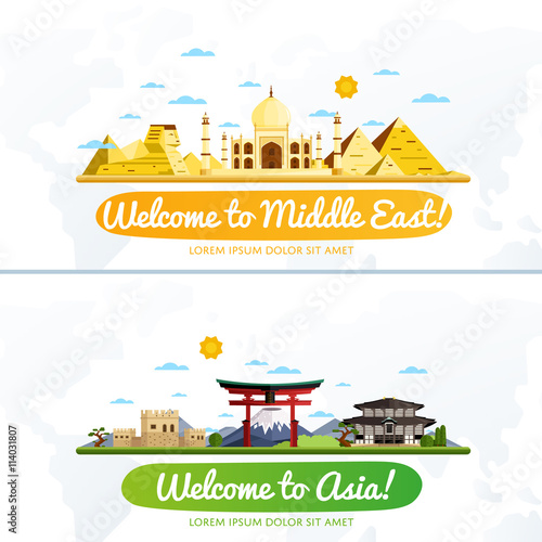 Welcome to Middle East and Asia, travel on the world concept, traveling flat vector illustration.