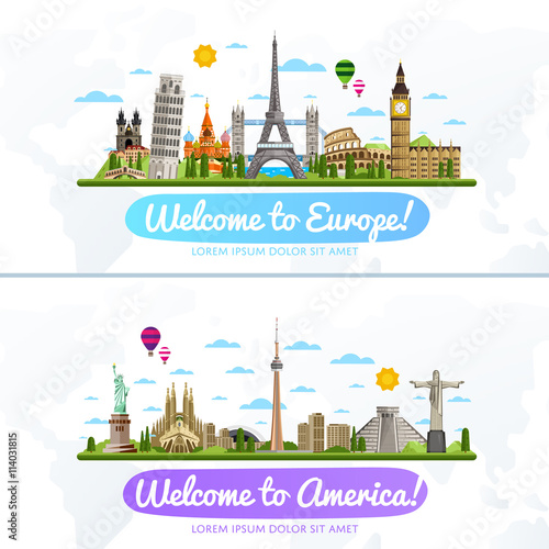 Welcome to Europe and America, travel on the world concept, traveling flat vector illustration.