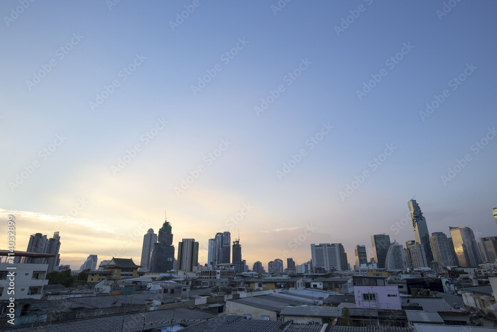 City Morning in Bangkok Thailand Clear sky and Beauty lighting of sun
