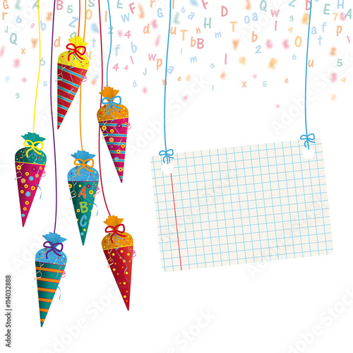 Schulanfang - hängendes Schild aus Schulheftpapier mit Zuckertüten, Buchstaben und Nummern als Konfetti