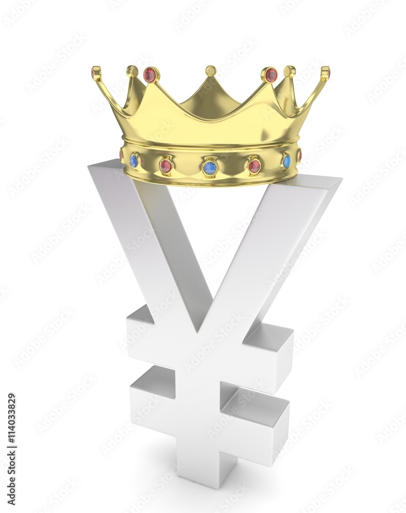 Isolated silver yen yuan sign with golden crown on white background. Chinese japanese currency. Concept of investment, asian market, savings. Power, luxury and wealth. 3D rendering.