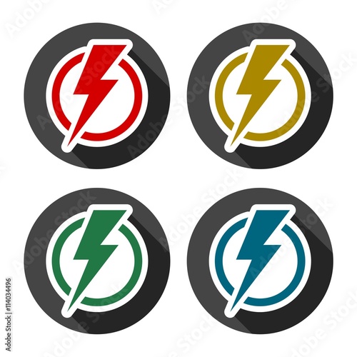 Lightning bolt icons set with long shadow