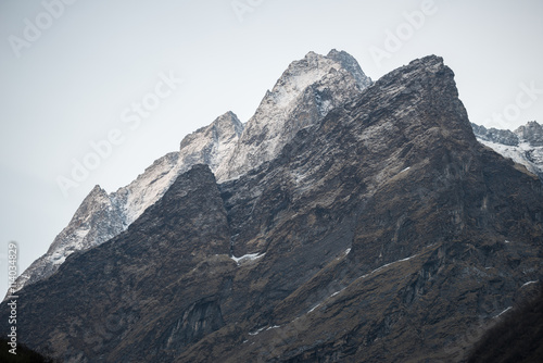 The mountains in the morning sunrise along the way to Annapurna base camp, Nepal.