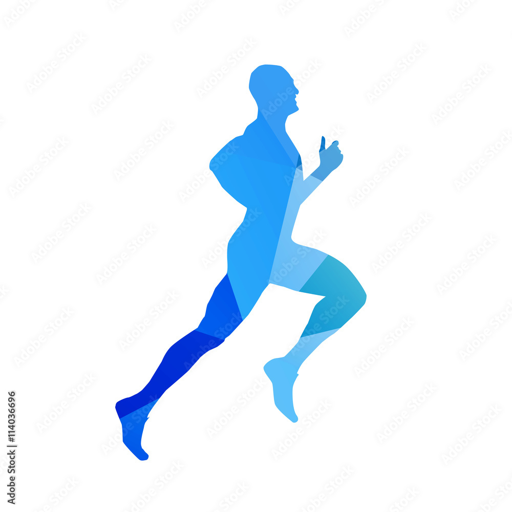 Abstract blue running man. Runner vector silhouette. Profile, si