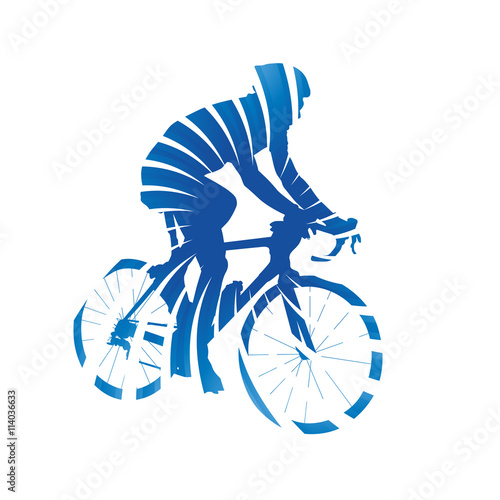 Abstract blue vector cyclist, cycling, rays, isolated silhouette