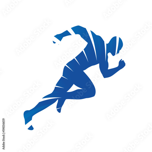 Abstract vector runner. Blue rays, running man silhouette