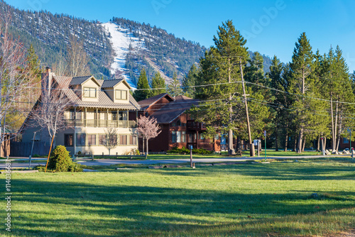 spring landscape of houses on the shore of Lake Tahoe in the bac
