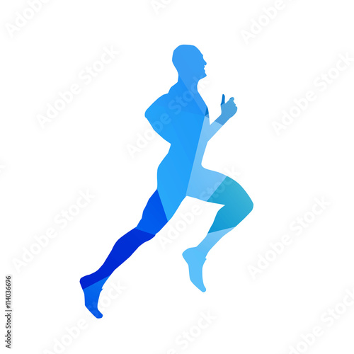 Abstract blue running man. Runner vector silhouette. Profile, si