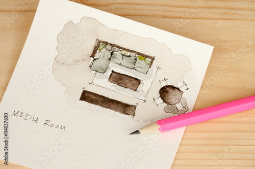 Sharp pink pencil shot on watercolor painting of media room furniture elements