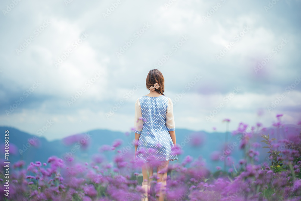 Back view of asia woman in the verbina field