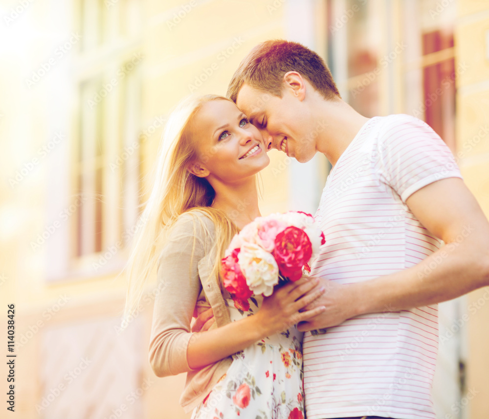 couple with flowers in the city couple with flowers in the city