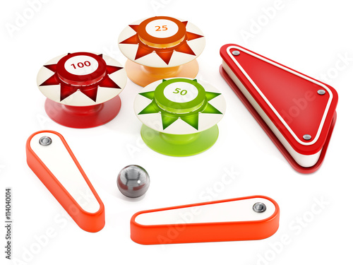 Pinball bumpers, flippers and metal ball on white background. 3D illustration photo