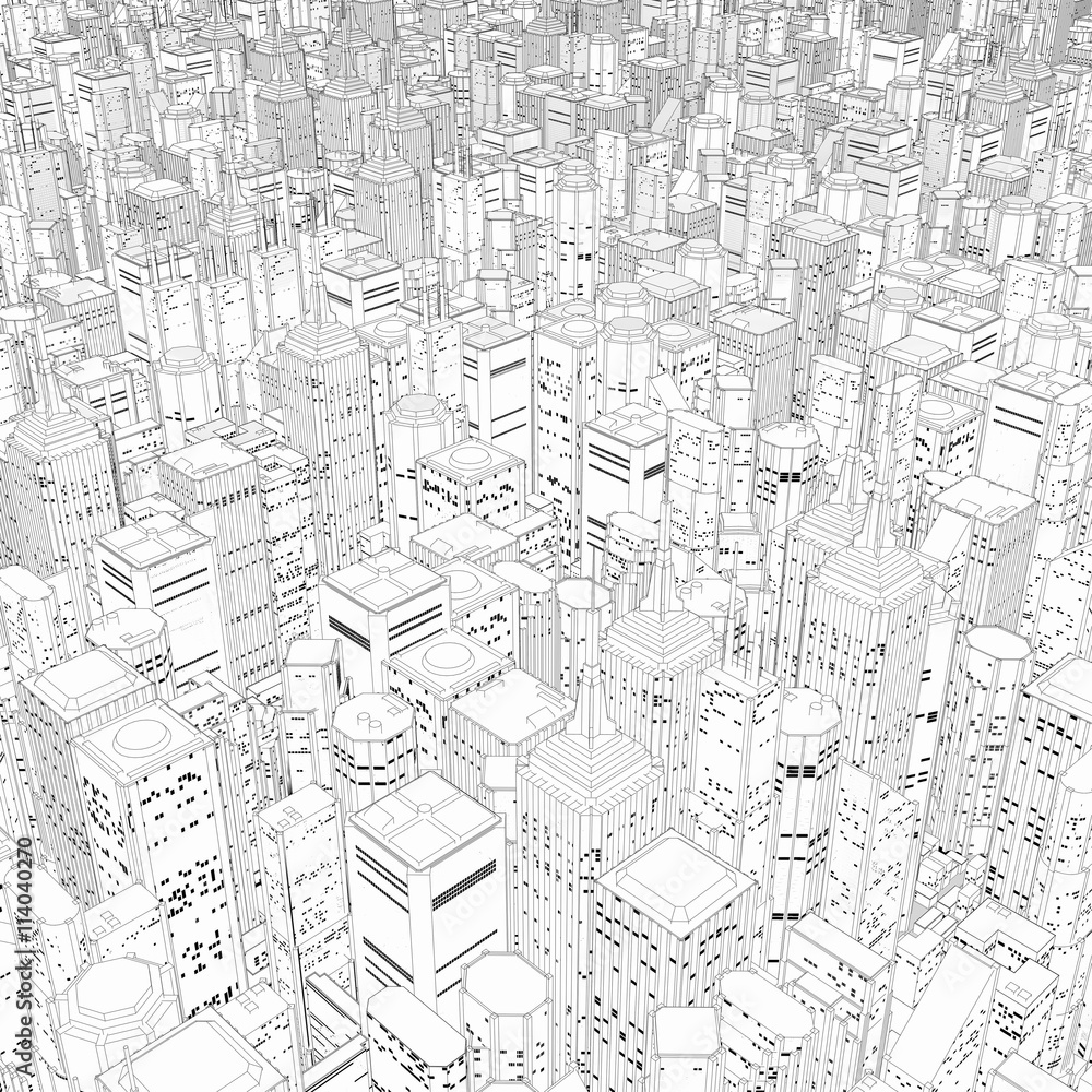 Metropolis in black and white / 3D illustration of vast line art cartoon city