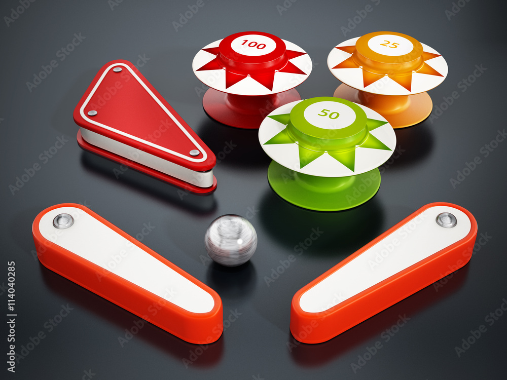 Fototapeta premium Pinball bumpers, flippers and metal ball on black background. 3D illustration