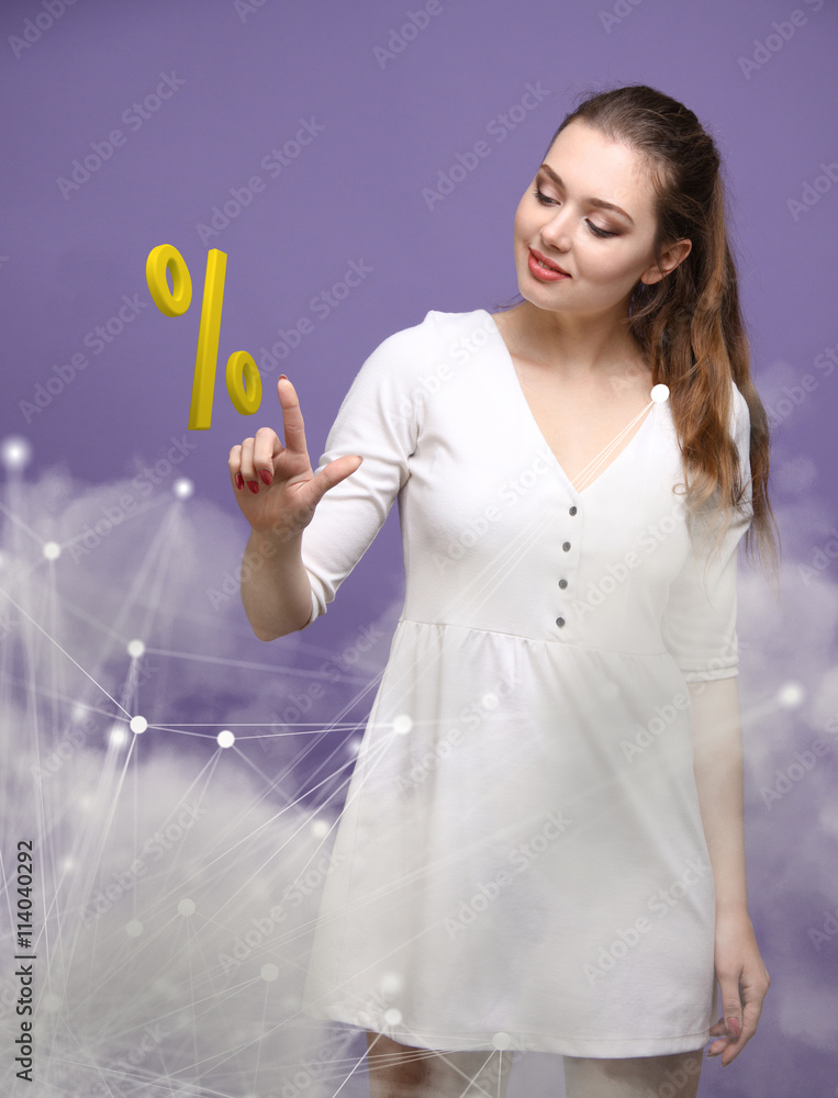 Woman showing symbol of percent. Bank Deposit or Sale concept. Woman showing symbol of percent. Bank Deposit or Sale concept.