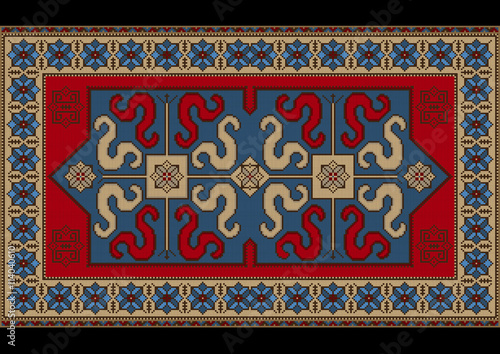 Bright vintage rug with ethnic pattern dragons on the blue center

