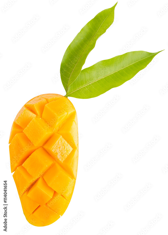 Mango fruit slice and leaf isolated