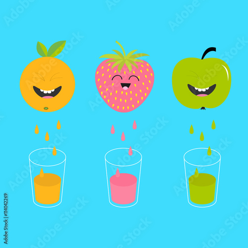 Fresh juice and glasses. Apple, strawberry, orange fruit with faces. Smiling cute cartoon character set. Natural product. Juicing drops. Flat design. Blue background. Isolated.