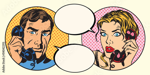 Vintage couple man and woman talking on the phone