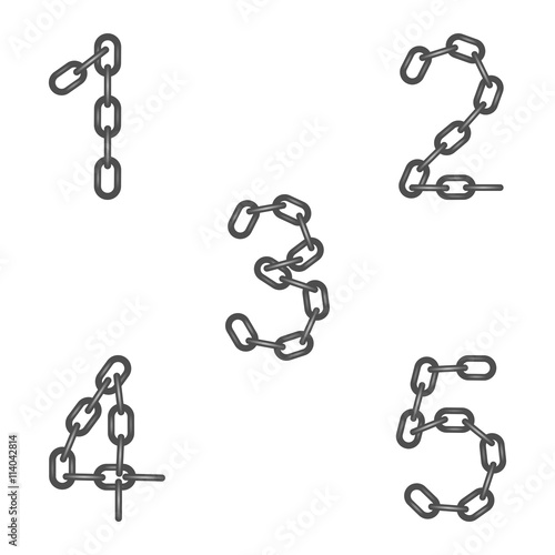 Design vector font numbers of steel chains from one, two, three, four and five. A set of gray chain of numbers on a white background