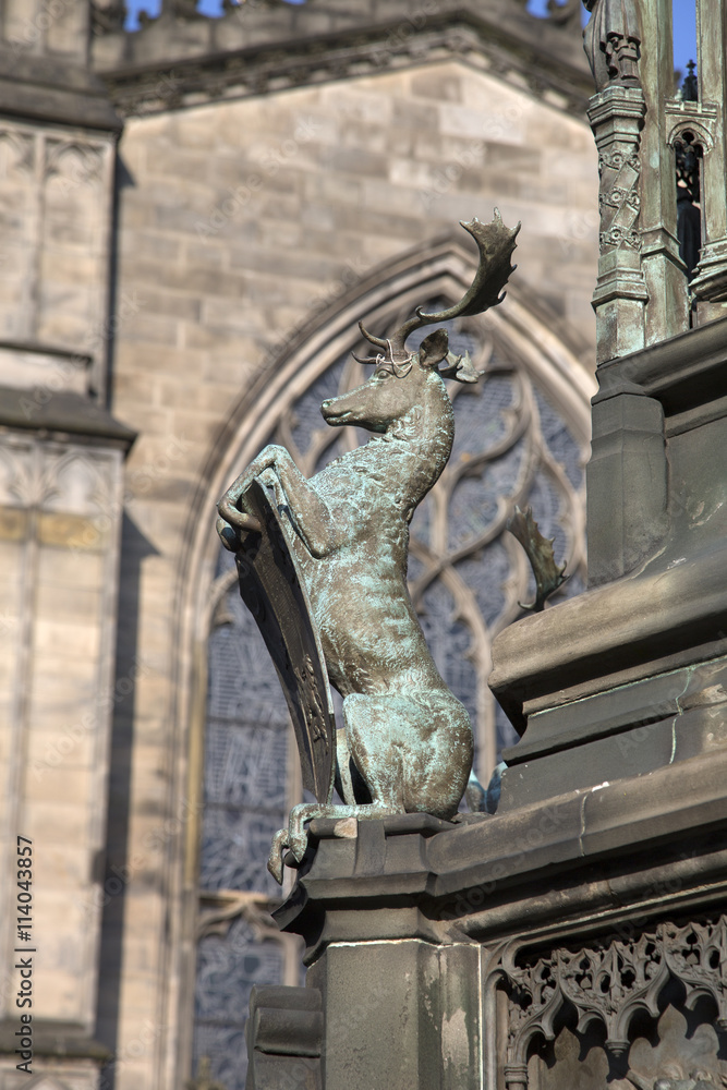 Detail on Walter Scott Statue by Bohem (1888); Royal Mile; Lawnm