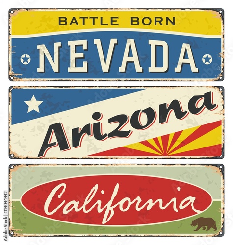 Vintage tin sign collection with USA state. Retro souvenirs or postcard templates on rust background.