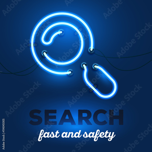 Vector illustration of realistic neon magnifier with wires and t