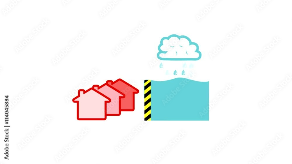 Simple motion graphics video of a rain cloud with water flowing over a flood barrier into houses Simple motion graphics video of a rain cloud with water flowing over a flood barrier into houses