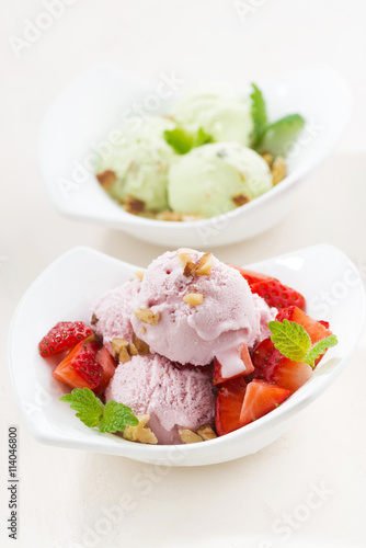 strawberry and pistachio ice cream, vertical closeup