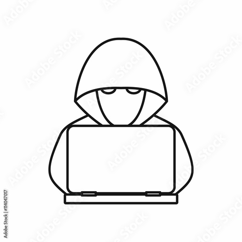 Computer hacker with laptop icon, outline style