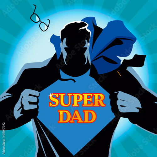 Silhouette of a superhero tearing his shirt. With the words supe