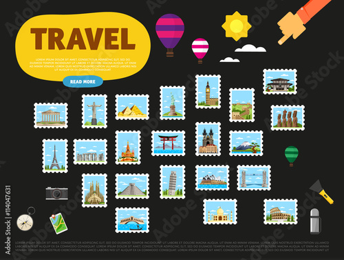 Travel the world. Monument concept. Tourism and vacation theme. Travelling vector illustration. Modern flat design. Famous world landmarks icons. Journey around the world.