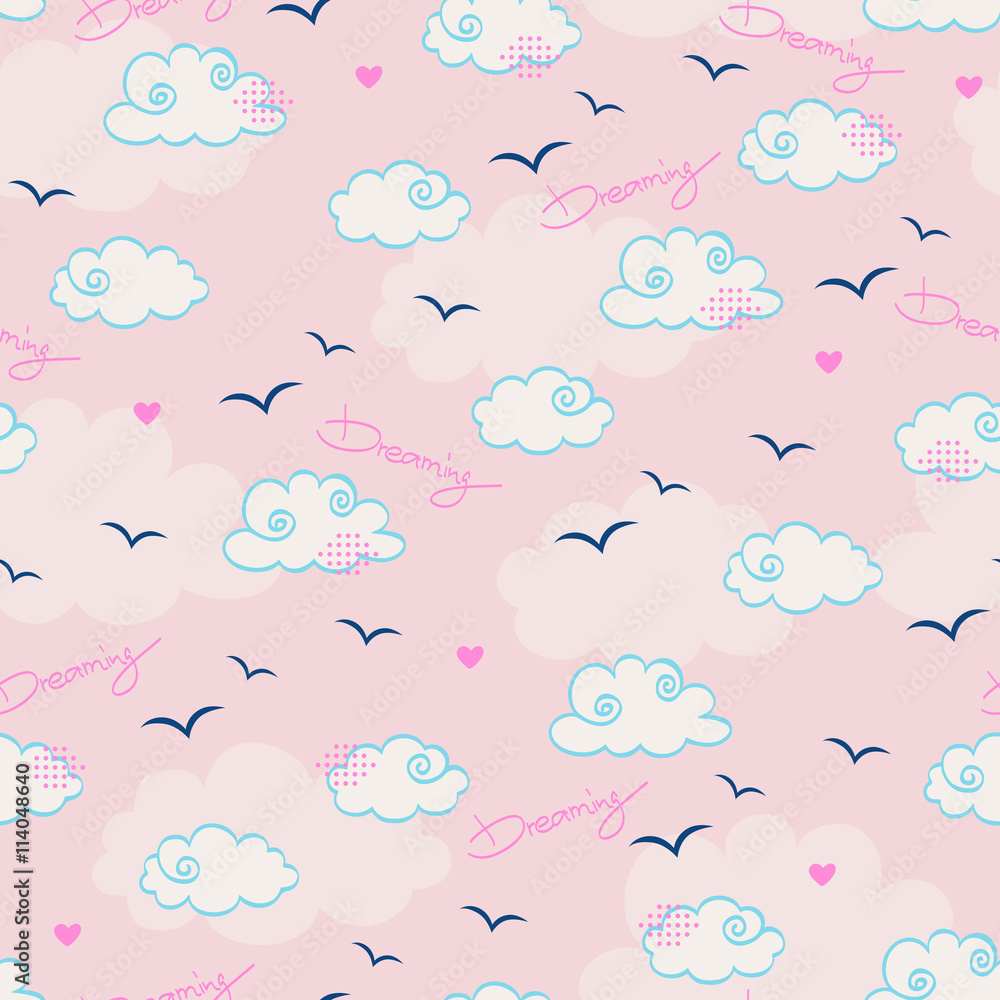 seamless pattern with clouds and birds