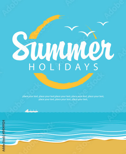 Travel banner with the sea, the beach and the word summer holidays