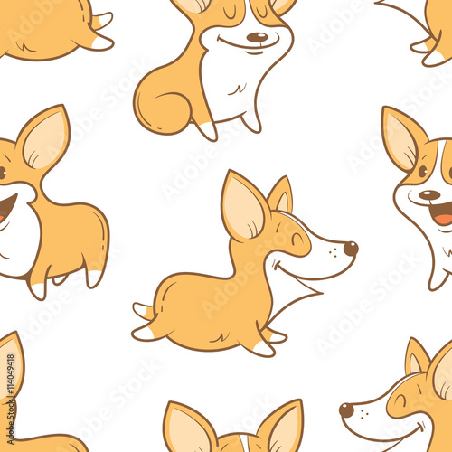 Seamless pattern with cute cartoon dogs breed Welsh Corgi Pembroke on white  background. Little puppies.  Children's illustration. Vector image. Funny animals. © voron4ihina