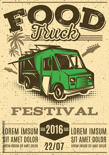 retro poster for invitations on street food festival with food truck
