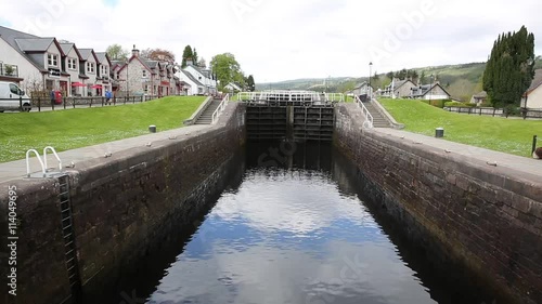 Caledonian canal lock gate Fort Augustus Scotland UK this waterway connects Fort William to Inverness passing through locks to Loch Ness