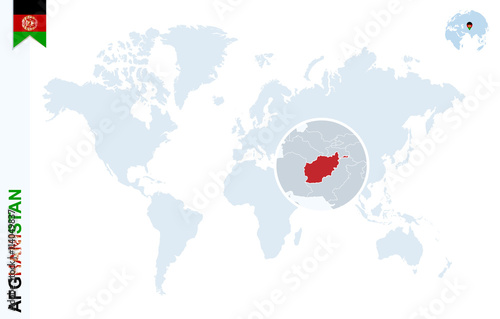 Blue world map with magnifying on Afghanistan. photo