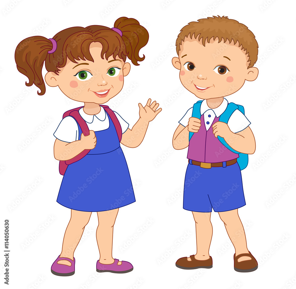 Boy and girl with backpacks pupil stay cartoon school isolated Boy and girl with backpacks pupil stay cartoon school isolated